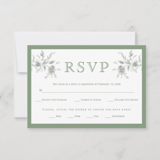 Elegante groene  bloemstuk bruiloft RSVP kaartje (Voorkant)