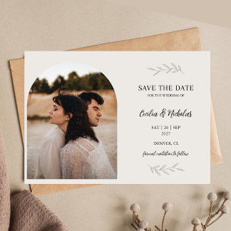 Elegante Groene Bloemstuk Horizontale Trouwfoto Save The Date
