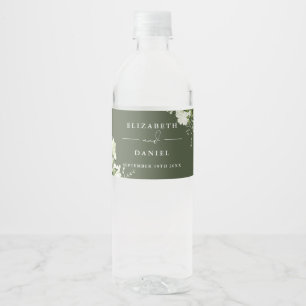 Elegante groene bloemstuk olijfgroene trouwdag waterfles etiket