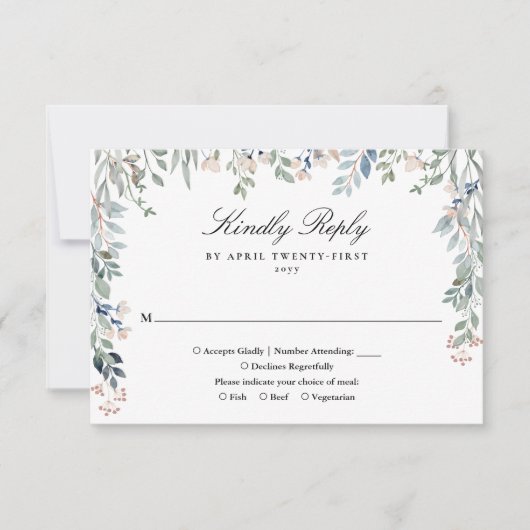 Elegante groene bloemstukken bruiloft wilde bloeme RSVP kaartje (Voorkant)