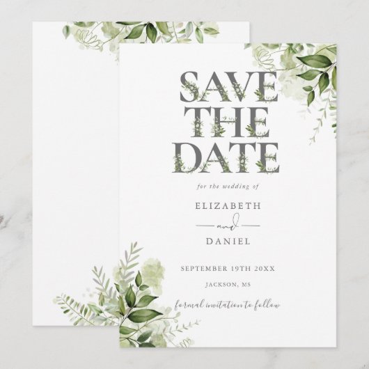 Elegante groene bloemtypografie bruiloft save the date (Voorkant / Achterkant)