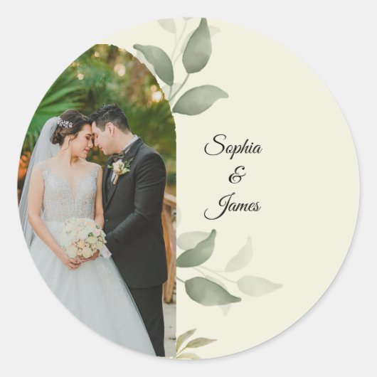 Elegante groene boog-huwelijksfotosticker ronde sticker (Voorkant)