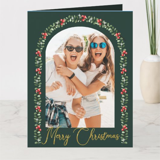 Elegante Groene Boog Script Foto Kerstmis Kaart (Voorkant)
