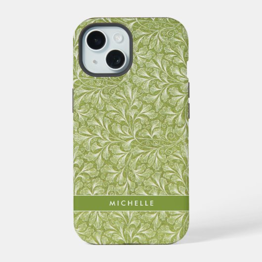 Elegante groene botanische afbeelding met eigen na iPhone 15 case (Achterkant)