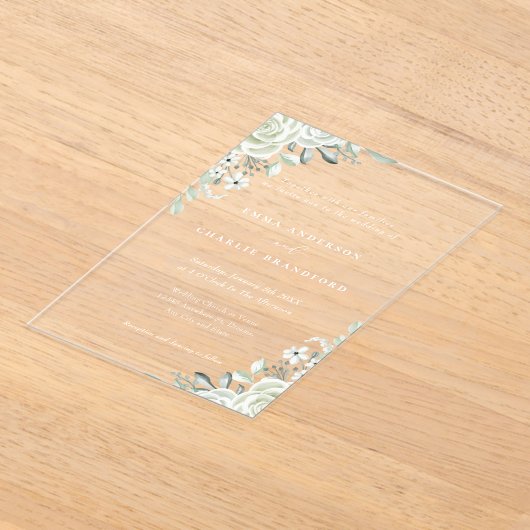 Elegante groene botanische bloemen Script Wedding Acryl Uitnodigingen (Laagn)