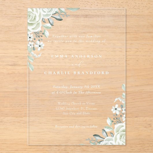 Elegante groene botanische bloemen Script Wedding Acryl Uitnodigingen (Voorkant)