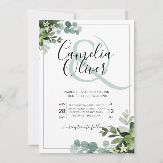 Elegante groene botanische et cetera trouwkaart kaart (Voorkant)