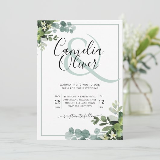 Elegante groene botanische et cetera trouwkaart kaart (Staand voorkant)