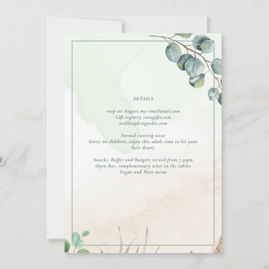 Elegante groene botanische et cetera trouwkaart kaart (Achterkant)