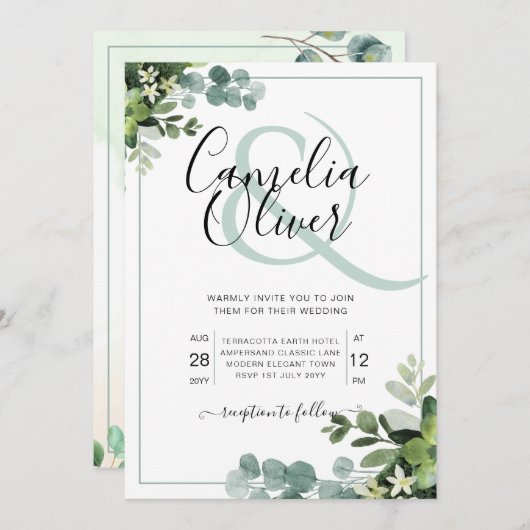 Elegante groene botanische et cetera trouwkaart kaart (Voorkant / Achterkant)
