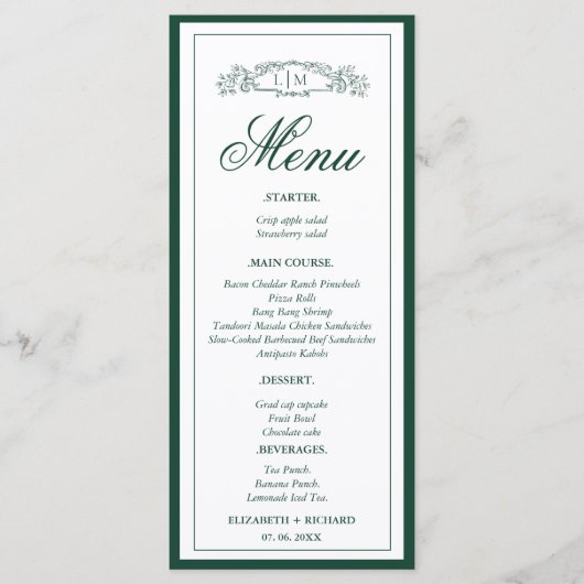 Elegante groene botanische kam monogram bruiloft menu (Voorkant)