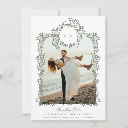 Elegante Groene Botanische Krans Lijst Foto Bruilo Save The Date (Voorkant)