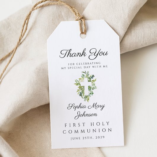 Elegante groene botanische kruis eerste communie cadeaulabel