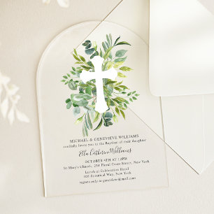 Elegante groene botanische kruisdoop acryl uitnodigingen