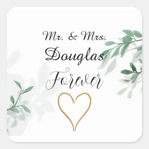 Elegante groene botanische Mr & Mrs-huwelijk Vierkante Sticker