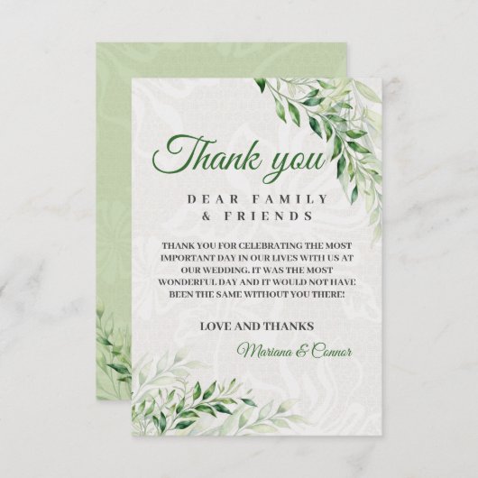 Elegante groene botanische trouwdag bedankkaart (Voorkant / Achterkant)