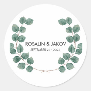 Elegante Groene Botanische Trouwdag Ronde Sticker