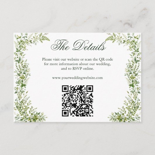 Elegante groene botanische trouwwebsite QR-code Informatiekaartje (Voorkant)