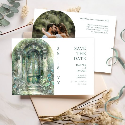 Elegante groene botanische tuinfoto bruiloft save the date