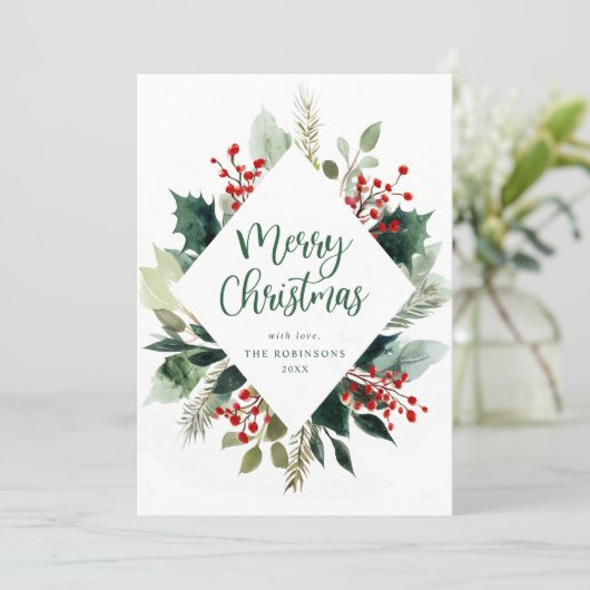 Elegante groene botanische vrolijke kerstdagen feestdagenkaart (Staand voorkant)