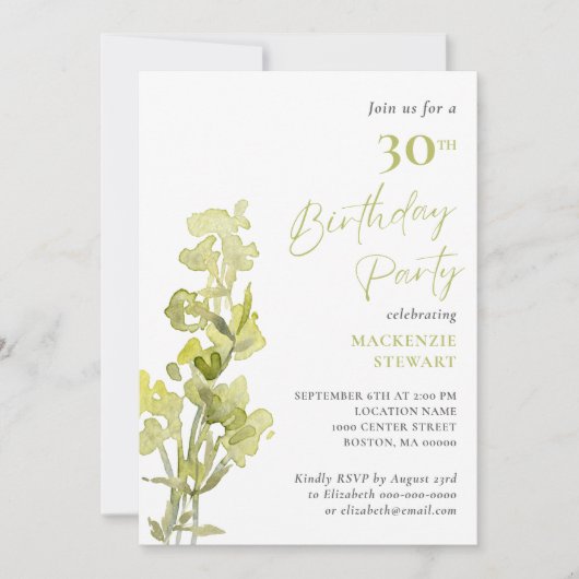 Elegante groene botanische Waterverf 30e verjaarda Kaart (Voorkant)