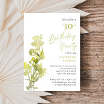 Elegante groene botanische Waterverf 30e verjaarda Kaart<br><div class="desc">Een elegante 30e verjaardagsfeestuitnodiging met een groene botanische waterverf op een witte achtergrond. Tekst in het voorjaar groen en grijs kondigt de verjaardagsfeestdetails met een verfijnde toon aan.</div>