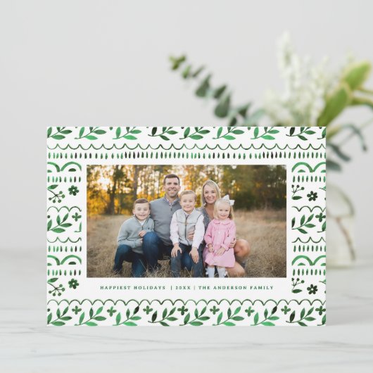 Elegante groene botanische Waterverf kerstfoto Feestdagenkaart (Staand voorkant)