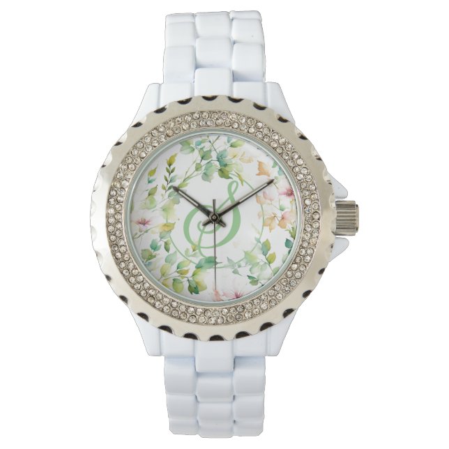 Elegante groene botanische waterverf wilde bloemen horloge (Voorkant)