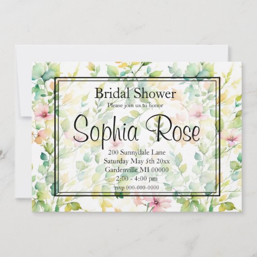 Elegante groene botanische waterverf wilde bloemen kaart (Voorkant)