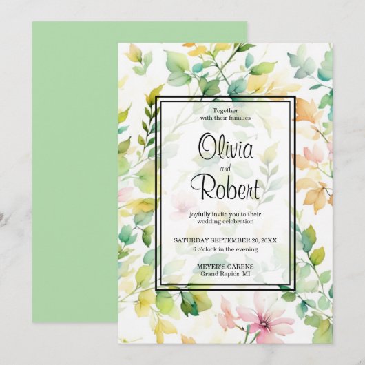 Elegante groene botanische waterverf wilde bloemen kaart (Voorkant / Achterkant)