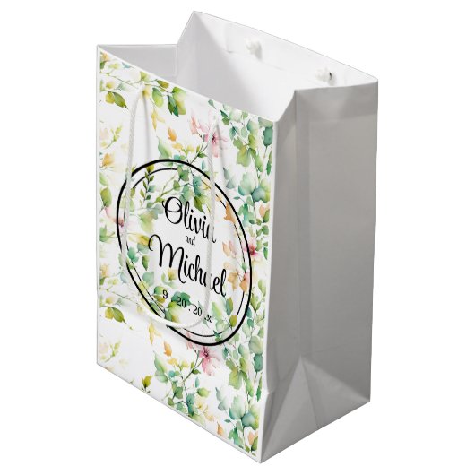 Elegante groene botanische waterverf wilde bloemen medium cadeauzakje (Voorkant Gekanteld)