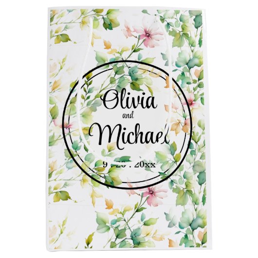 Elegante groene botanische waterverf wilde bloemen medium cadeauzakje (Voorkant)