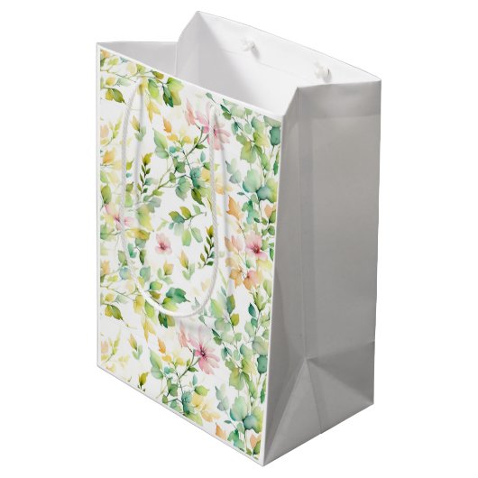 Elegante groene botanische waterverf wilde bloemen medium cadeauzakje (Achterkant Gekanteld)