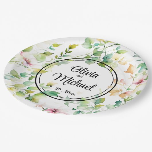 Elegante groene botanische waterverf wilde bloemen papieren bordje (Gekanteld)