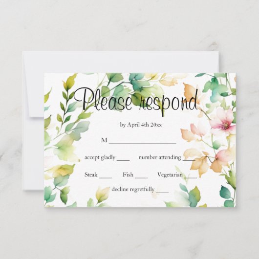 Elegante groene botanische waterverf wilde bloemen RSVP kaartje (Voorkant)