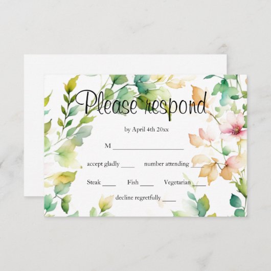 Elegante groene botanische waterverf wilde bloemen RSVP kaartje (Voorkant / Achterkant)