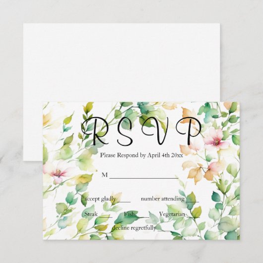 Elegante groene botanische waterverf wilde bloemen RSVP kaartje (Voorkant / Achterkant)
