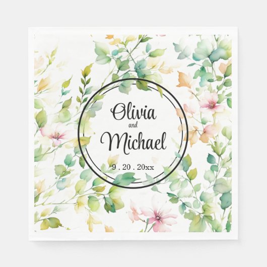 Elegante groene botanische waterverf wilde bloemen servet (Voorkant)