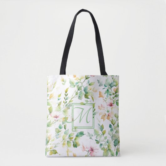 Elegante groene botanische waterverf wilde bloemen tote bag (Voorkant)