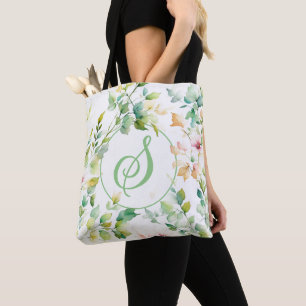 Elegante groene botanische waterverf wilde bloemen tote bag