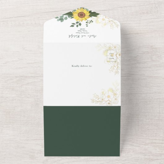 Elegante groene botanische zonnebloemen bruiloft all in one uitnodiging (Buitenkant)