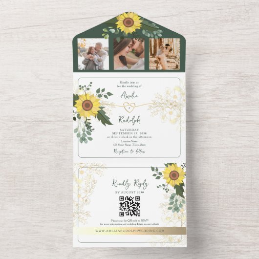 Elegante groene botanische zonnebloemen bruiloft all in one uitnodiging (Binnen)