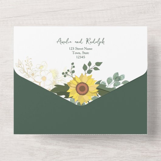 Elegante groene botanische zonnebloemen bruiloft all in one uitnodiging (Achterkant)