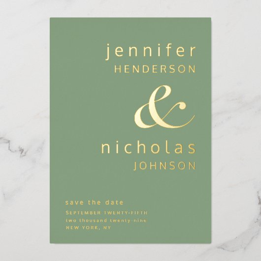 Elegante groene bruiloft Bewaar de datum goud Folie Uitnodiging (Voorkant)