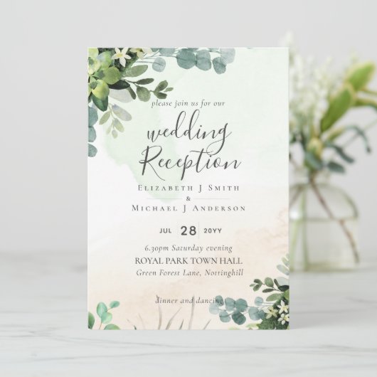 Elegante groene bruiloft ONTVANGST Alleen 's avond Kaart (Staand voorkant)