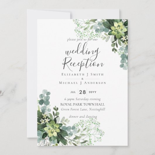 Elegante groene bruiloft RECEPTIE Alleen 's avonds Kaart (Voorkant)