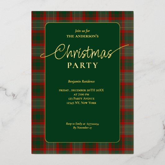 Elegante groene Buffalo geruite kerstfeest  Folie Uitnodiging (Voorkant)