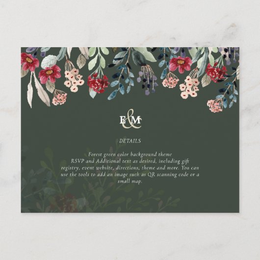 Elegante groene burgundy blauwe bloemige bruiloft briefkaart (Achterkant)