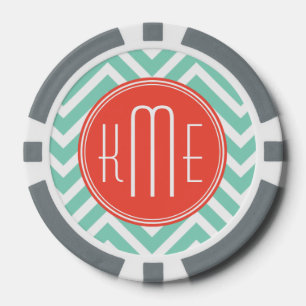 Elegante Groene Chevron Aqua en het Oranje Pokerchips