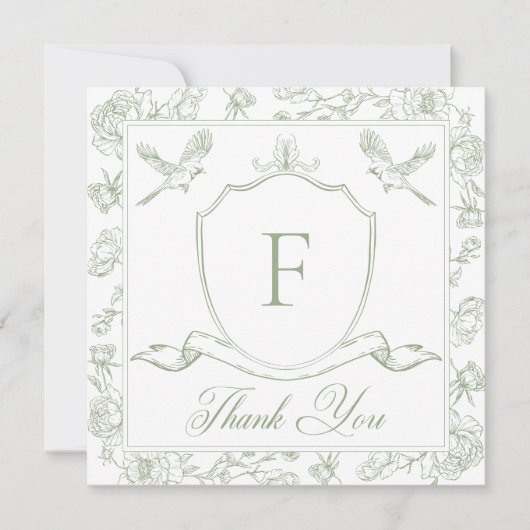 Elegante groene Chinoiserie Bird & Crest bruiloft Bedankkaart (Voorkant)